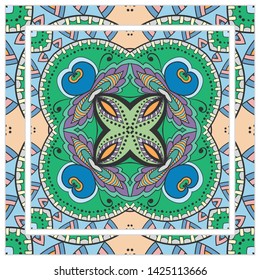  Hand drawn artistic background. Seamless pattern with ornate frame border, doodle floral ornament. Bandana shawl, tablecloth fabric print, silk neck scarf, kerchief design. Vector illustration