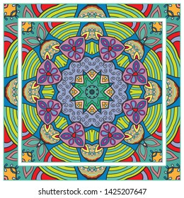  Hand drawn artistic background. Seamless pattern with ornate frame border, doodle floral ornament. Bandana shawl, tablecloth fabric print, silk neck scarf, kerchief design. Vector illustration