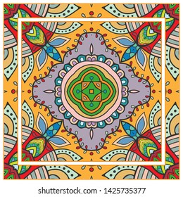  Hand drawn artistic background. Seamless pattern with ornate frame border, doodle floral ornament. Bandana shawl, tablecloth fabric print, silk neck scarf, kerchief design. Vector illustration