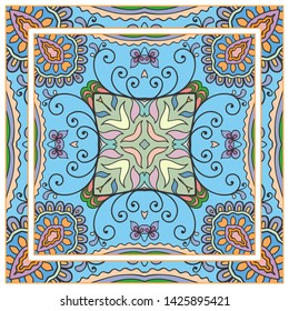  Hand drawn artistic background. Seamless pattern with ornate frame border, doodle floral ornament. Bandana shawl, tablecloth fabric print, silk neck scarf, kerchief design. Vector illustration