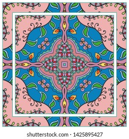  Hand drawn artistic background. Seamless pattern with ornate frame border, doodle floral ornament. Bandana shawl, tablecloth fabric print, silk neck scarf, kerchief design. Vector illustration