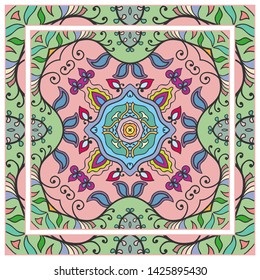  Hand drawn artistic background. Seamless pattern with ornate frame border, doodle floral ornament. Bandana shawl, tablecloth fabric print, silk neck scarf, kerchief design. Vector illustration