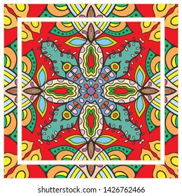  Hand drawn artistic background. Seamless pattern with ornate frame border, doodle floral ornament. Bandana shawl, tablecloth fabric print, silk neck scarf, kerchief design. Vector illustration