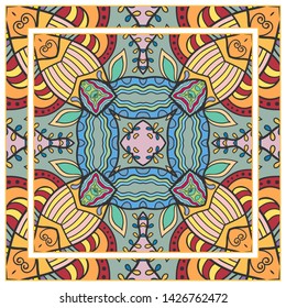  Hand drawn artistic background. Seamless pattern with ornate frame border, doodle floral ornament. Bandana shawl, tablecloth fabric print, silk neck scarf, kerchief design. Vector illustration