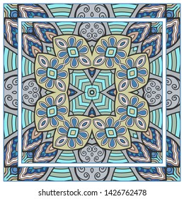 Hand drawn artistic background. Seamless pattern with ornate frame border, doodle floral ornament. Bandana shawl, tablecloth fabric print, silk neck scarf, kerchief design. Vector illustration