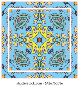 Hand drawn artistic background. Seamless pattern with ornate frame border, doodle floral ornament. Bandana shawl, tablecloth fabric print, silk neck scarf, kerchief design. Vector illustration