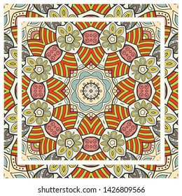  Hand drawn artistic background. Seamless pattern with ornate frame border, doodle floral ornament. Bandana shawl, tablecloth fabric print, silk neck scarf, kerchief design. Vector illustration