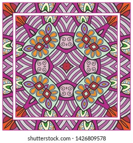  Hand drawn artistic background. Seamless pattern with ornate frame border, doodle floral ornament. Bandana shawl, tablecloth fabric print, silk neck scarf, kerchief design. Vector illustration