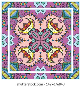  Hand drawn artistic background. Seamless pattern with ornate frame border, doodle floral ornament. Bandana shawl, tablecloth fabric print, silk neck scarf, kerchief design. Vector illustration