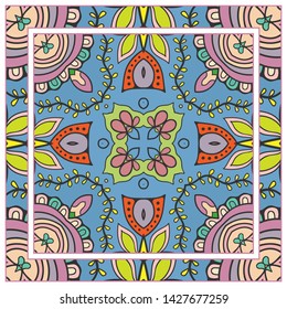  Hand drawn artistic background. Seamless pattern with ornate frame border, doodle floral ornament. Bandana shawl, tablecloth fabric print, silk neck scarf, kerchief design. Vector illustration