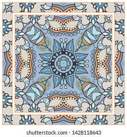  Hand drawn artistic background. Seamless pattern with ornate frame border, doodle floral ornament. Bandana shawl, tablecloth fabric print, silk neck scarf, kerchief design. Vector illustration