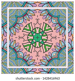  Hand drawn artistic background. Seamless pattern with ornate frame border, doodle floral ornament. Bandana shawl, tablecloth fabric print, silk neck scarf, kerchief design. Vector illustration