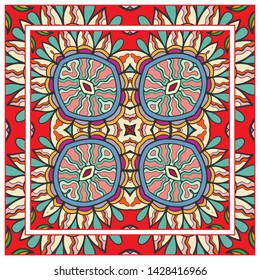  Hand drawn artistic background. Seamless pattern with ornate frame border, doodle floral ornament. Bandana shawl, tablecloth fabric print, silk neck scarf, kerchief design. Vector illustration