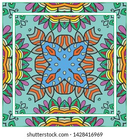  Hand drawn artistic background. Seamless pattern with ornate frame border, doodle floral ornament. Bandana shawl, tablecloth fabric print, silk neck scarf, kerchief design. Vector illustration