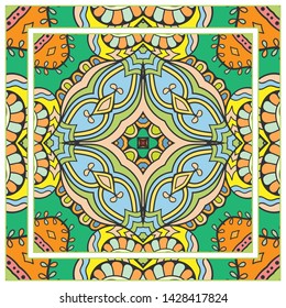  Hand drawn artistic background. Seamless pattern with ornate frame border, doodle floral ornament. Bandana shawl, tablecloth fabric print, silk neck scarf, kerchief design. Vector illustration