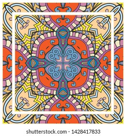  Hand drawn artistic background. Seamless pattern with ornate frame border, doodle floral ornament. Bandana shawl, tablecloth fabric print, silk neck scarf, kerchief design. Vector illustration