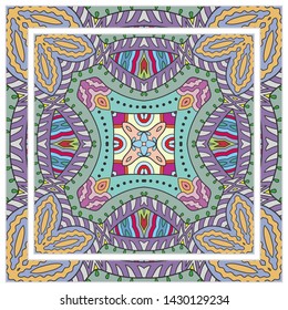  Hand drawn artistic background. Seamless pattern with ornate frame border, doodle floral ornament. Bandana shawl, tablecloth fabric print, silk neck scarf, kerchief design. Vector illustration