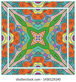  Hand drawn artistic background. Seamless pattern with ornate frame border, doodle floral ornament. Bandana shawl, tablecloth fabric print, silk neck scarf, kerchief design. Vector illustration