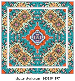  Hand drawn artistic background. Seamless pattern with ornate frame border, doodle floral ornament. Bandana shawl, tablecloth fabric print, silk neck scarf, kerchief design. Vector illustration