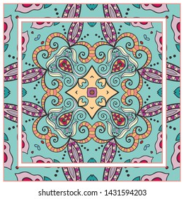  Hand drawn artistic background. Seamless pattern with ornate frame border, doodle floral ornament. Bandana shawl, tablecloth fabric print, silk neck scarf, kerchief design. Vector illustration