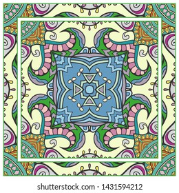  Hand drawn artistic background. Seamless pattern with ornate frame border, doodle floral ornament. Bandana shawl, tablecloth fabric print, silk neck scarf, kerchief design. Vector illustration