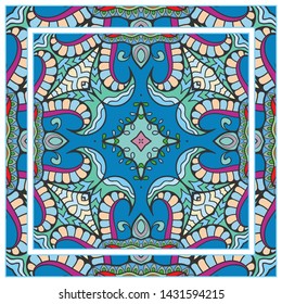  Hand drawn artistic background. Seamless pattern with ornate frame border, doodle floral ornament. Bandana shawl, tablecloth fabric print, silk neck scarf, kerchief design. Vector illustration