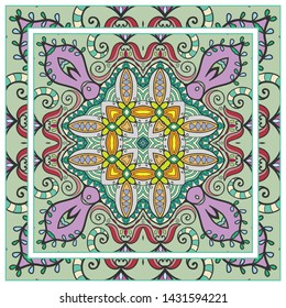  Hand drawn artistic background. Seamless pattern with ornate frame border, doodle floral ornament. Bandana shawl, tablecloth fabric print, silk neck scarf, kerchief design. Vector illustration