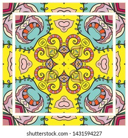  Hand drawn artistic background. Seamless pattern with ornate frame border, doodle floral ornament. Bandana shawl, tablecloth fabric print, silk neck scarf, kerchief design. Vector illustration