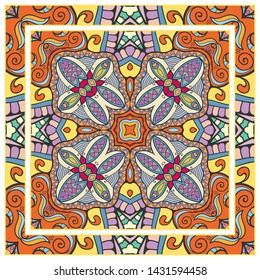  Hand drawn artistic background. Seamless pattern with ornate frame border, doodle floral ornament. Bandana shawl, tablecloth fabric print, silk neck scarf, kerchief design. Vector illustration