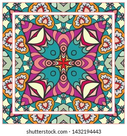  Hand drawn artistic background. Seamless pattern with ornate frame border, doodle floral ornament. Bandana shawl, tablecloth fabric print, silk neck scarf, kerchief design. Vector illustration