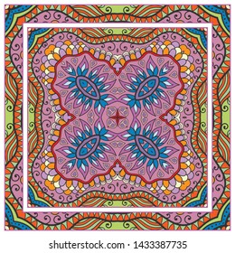  Hand drawn artistic background. Seamless pattern with ornate frame border, doodle floral ornament. Bandana shawl, tablecloth fabric print, silk neck scarf, kerchief design. Vector illustration