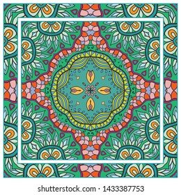  Hand drawn artistic background. Seamless pattern with ornate frame border, doodle floral ornament. Bandana shawl, tablecloth fabric print, silk neck scarf, kerchief design. Vector illustration