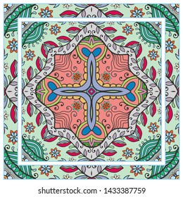  Hand drawn artistic background. Seamless pattern with ornate frame border, doodle floral ornament. Bandana shawl, tablecloth fabric print, silk neck scarf, kerchief design. Vector illustration