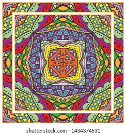  Hand drawn artistic background. Seamless pattern with ornate frame border, doodle floral ornament. Bandana shawl, tablecloth fabric print, silk neck scarf, kerchief design. Vector illustration
