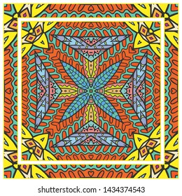  Hand drawn artistic background. Seamless pattern with ornate frame border, doodle floral ornament. Bandana shawl, tablecloth fabric print, silk neck scarf, kerchief design. Vector illustration