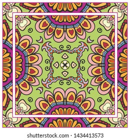  Hand drawn artistic background. Seamless pattern with ornate frame border, doodle floral ornament. Bandana shawl, tablecloth fabric print, silk neck scarf, kerchief design. Vector illustration