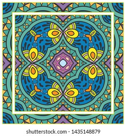  Hand drawn artistic background. Seamless pattern with ornate frame border, doodle floral ornament. Bandana shawl, tablecloth fabric print, silk neck scarf, kerchief design. Vector illustration
