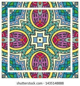  Hand drawn artistic background. Seamless pattern with ornate frame border, doodle floral ornament. Bandana shawl, tablecloth fabric print, silk neck scarf, kerchief design. Vector illustration