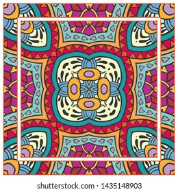  Hand drawn artistic background. Seamless pattern with ornate frame border, doodle floral ornament. Bandana shawl, tablecloth fabric print, silk neck scarf, kerchief design. Vector illustration