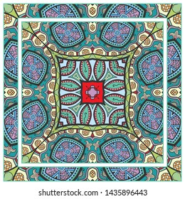  Hand drawn artistic background. Seamless pattern with ornate frame border, doodle floral ornament. Bandana shawl, tablecloth fabric print, silk neck scarf, kerchief design. Vector illustration