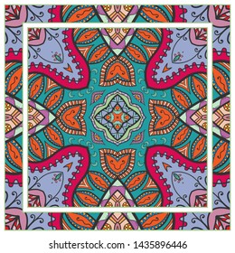  Hand drawn artistic background. Seamless pattern with ornate frame border, doodle floral ornament. Bandana shawl, tablecloth fabric print, silk neck scarf, kerchief design. Vector illustration