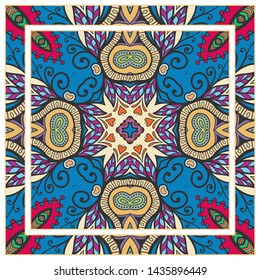  Hand drawn artistic background. Seamless pattern with ornate frame border, doodle floral ornament. Bandana shawl, tablecloth fabric print, silk neck scarf, kerchief design. Vector illustration