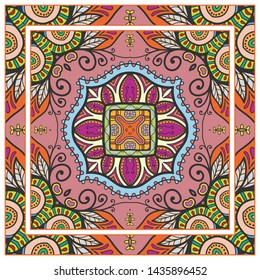  Hand drawn artistic background. Seamless pattern with ornate frame border, doodle floral ornament. Bandana shawl, tablecloth fabric print, silk neck scarf, kerchief design. Vector illustration