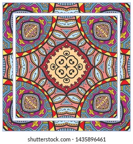  Hand drawn artistic background. Seamless pattern with ornate frame border, doodle floral ornament. Bandana shawl, tablecloth fabric print, silk neck scarf, kerchief design. Vector illustration