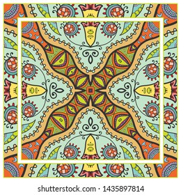  Hand drawn artistic background. Seamless pattern with ornate frame border, doodle floral ornament. Bandana shawl, tablecloth fabric print, silk neck scarf, kerchief design. Vector illustration