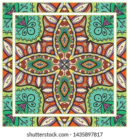  Hand drawn artistic background. Seamless pattern with ornate frame border, doodle floral ornament. Bandana shawl, tablecloth fabric print, silk neck scarf, kerchief design. Vector illustration