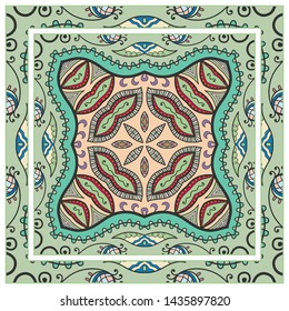  Hand drawn artistic background. Seamless pattern with ornate frame border, doodle floral ornament. Bandana shawl, tablecloth fabric print, silk neck scarf, kerchief design. Vector illustration