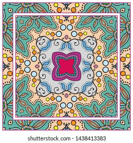 Hand drawn artistic background. Seamless pattern with ornate frame border, doodle floral ornament. Bandana shawl, tablecloth fabric print, silk neck scarf, kerchief design. Vector illustration