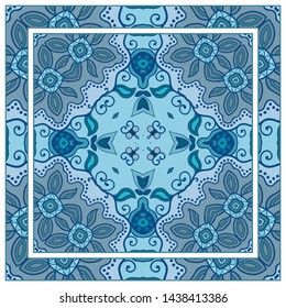  Hand drawn artistic background. Seamless pattern with ornate frame border, doodle floral ornament. Bandana shawl, tablecloth fabric print, silk neck scarf, kerchief design. Vector illustration
