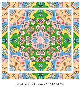  Hand drawn artistic background. Seamless pattern with ornate frame border, doodle floral ornament. Bandana shawl, tablecloth fabric print, silk neck scarf, kerchief design. Vector illustration